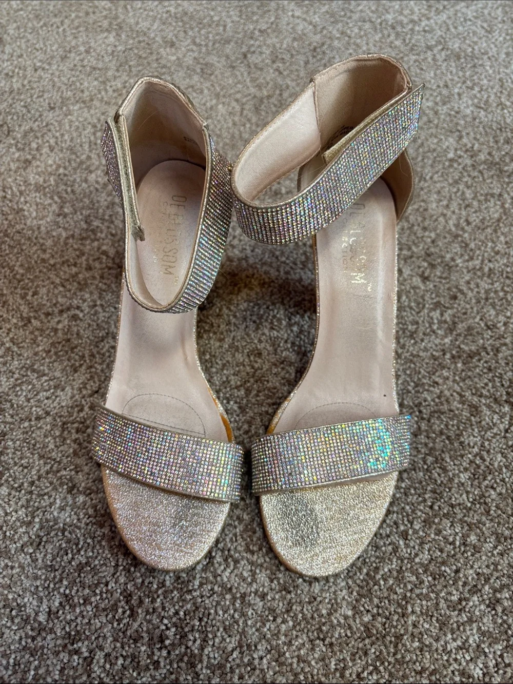 De Blossom Collection Iridescent Crystal Ankle-Strap Block Heels - Champagne